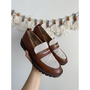 LOFT Brown and White Leather-Trim Penny Loafers